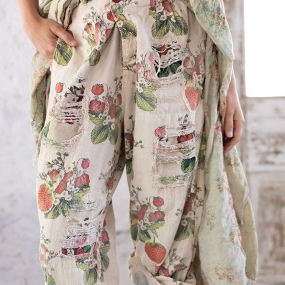 Magnolia Pearl Cream and Green Trousers with Botanical Print